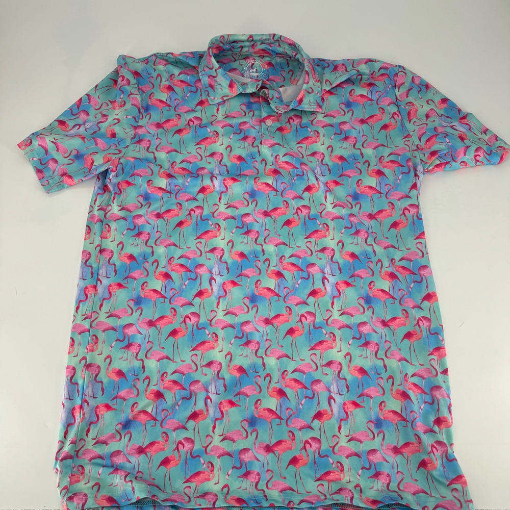 Proud 90 Golf Is Fun Mens Large Flamingo Print‎ Performance Polo Shirt Turquoise